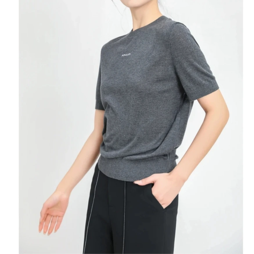 AMASS/阿玛施新款圆领时尚修身极简桑蚕丝半袖针织衫T恤女538053