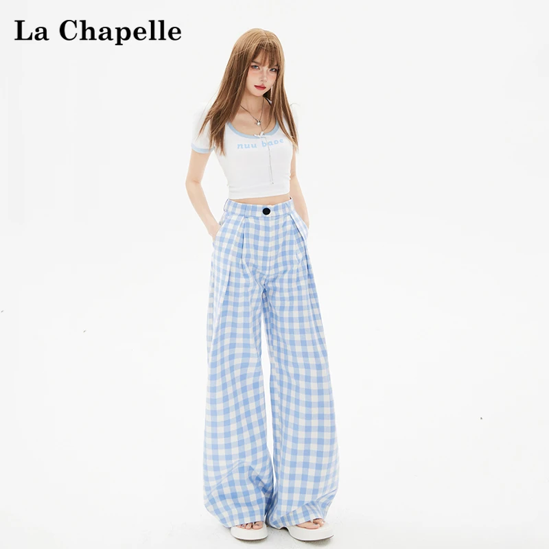 【拉夏贝尔】复古高腰宽松阔腿裤显瘦格子裤女2025夏新款直筒休闲裤