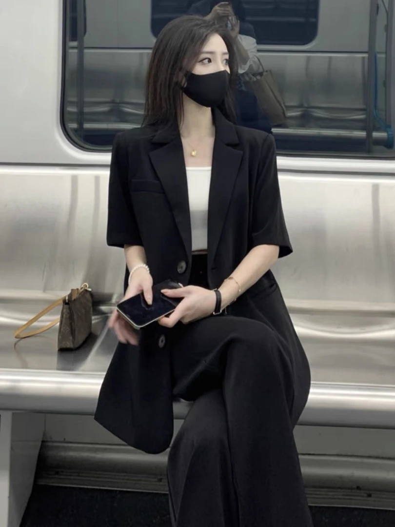 黑色冰丝短袖西装超薄垂感休闲显瘦百搭夏季外搭休闲西装女外套