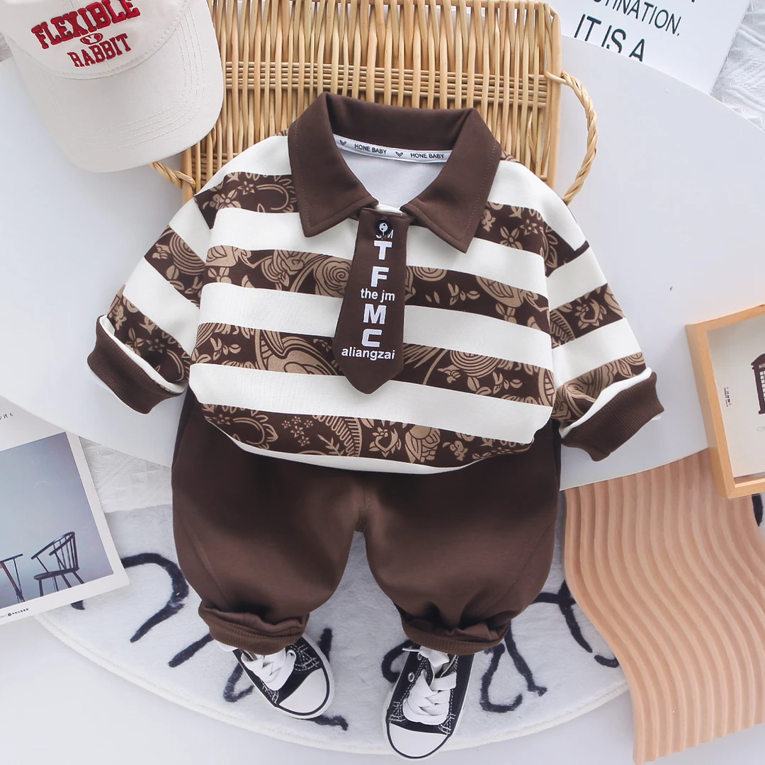 童装男童春秋季新款领带Polo套装2025时髦儿童休闲翻领春装两件套