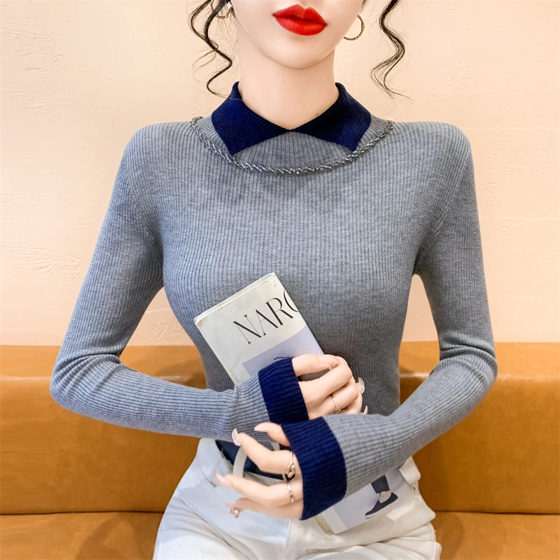 实拍 秋冬新款POLO翻领订钻拼色针织衫内搭修身显瘦打底衫毛衣