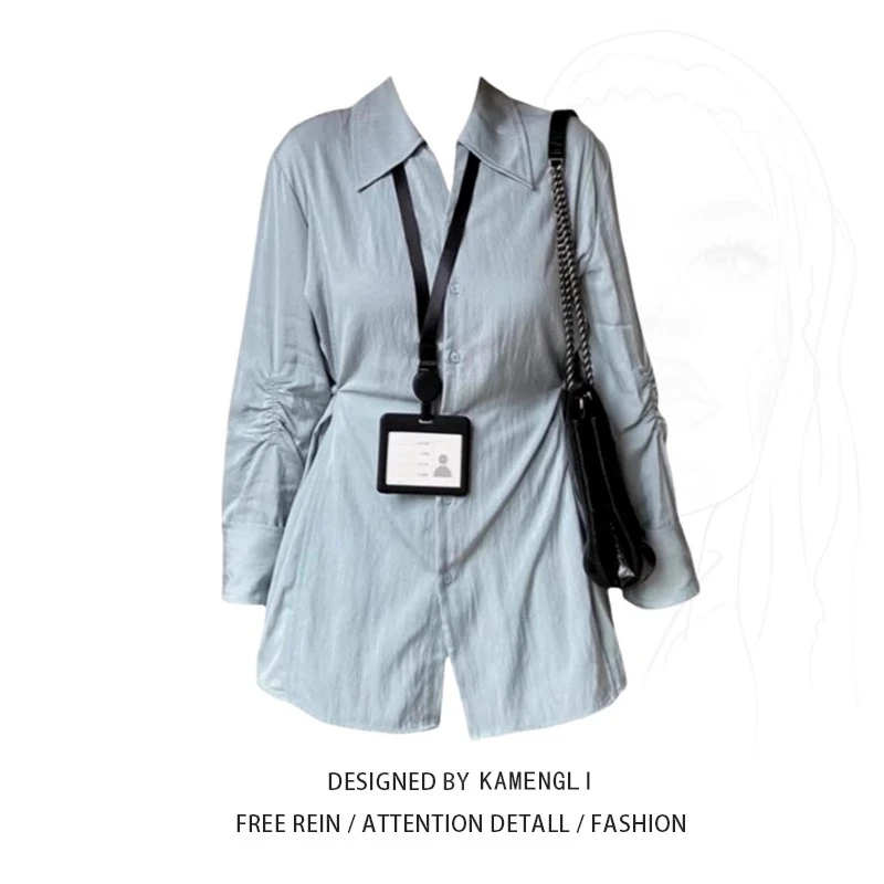 大码胖mm春夏秋季新款POLO领衬衫收腰显瘦衬衣微胖中长款排扣上衣