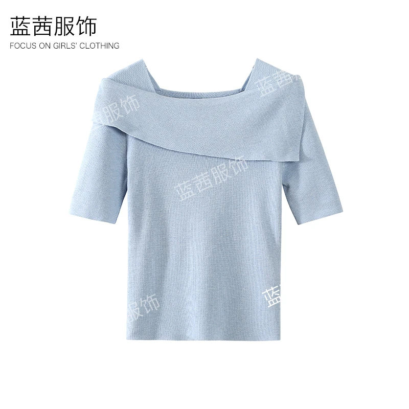 法式翻领薄款针织衫女装短袖女夏季新款不规则设计纯色显瘦上衣