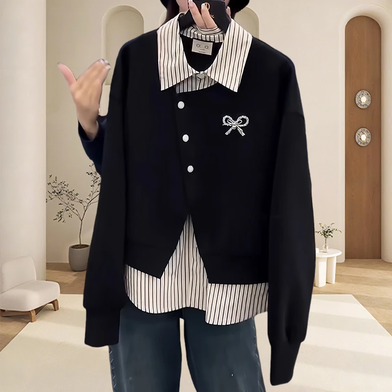 撞色拼接假两件POLO领卫衣设计感简约蝴蝶结烫钻长袖慵懒风上衣