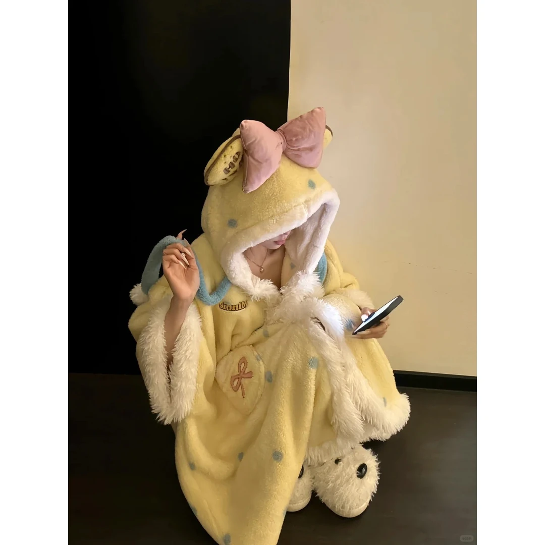 可爱蝴蝶结连帽珊瑚绒睡袍睡衣女冬季新款加厚加绒保暖家居服外套