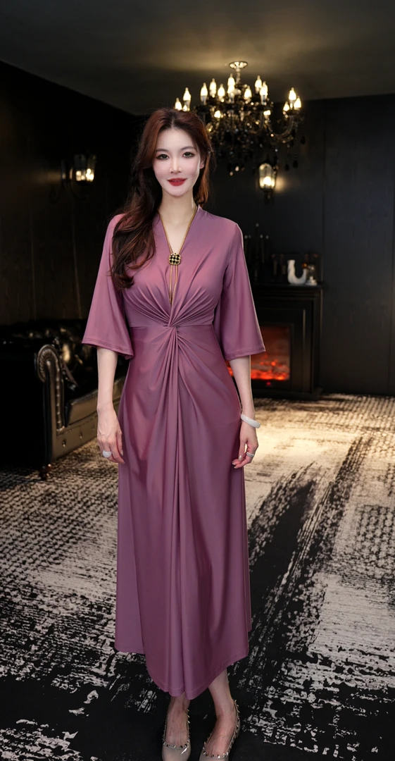 ZHENNVFANG【熳熳】气质高贵轻奢复古设计师修身连衣裙8050