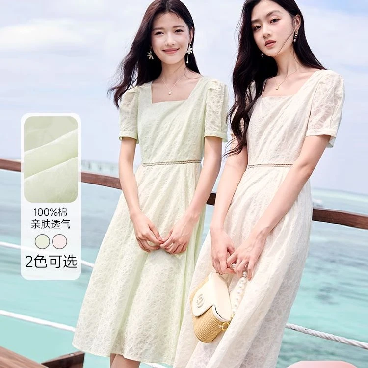 【直播专享】Q842002连衣裙 香影法式方领连衣裙女夏季新款肌理感