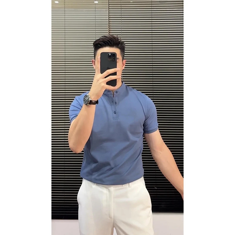 高品质商务半袖POLO衫男士夏季新款蓝色正肩亨利领设计感短袖T恤