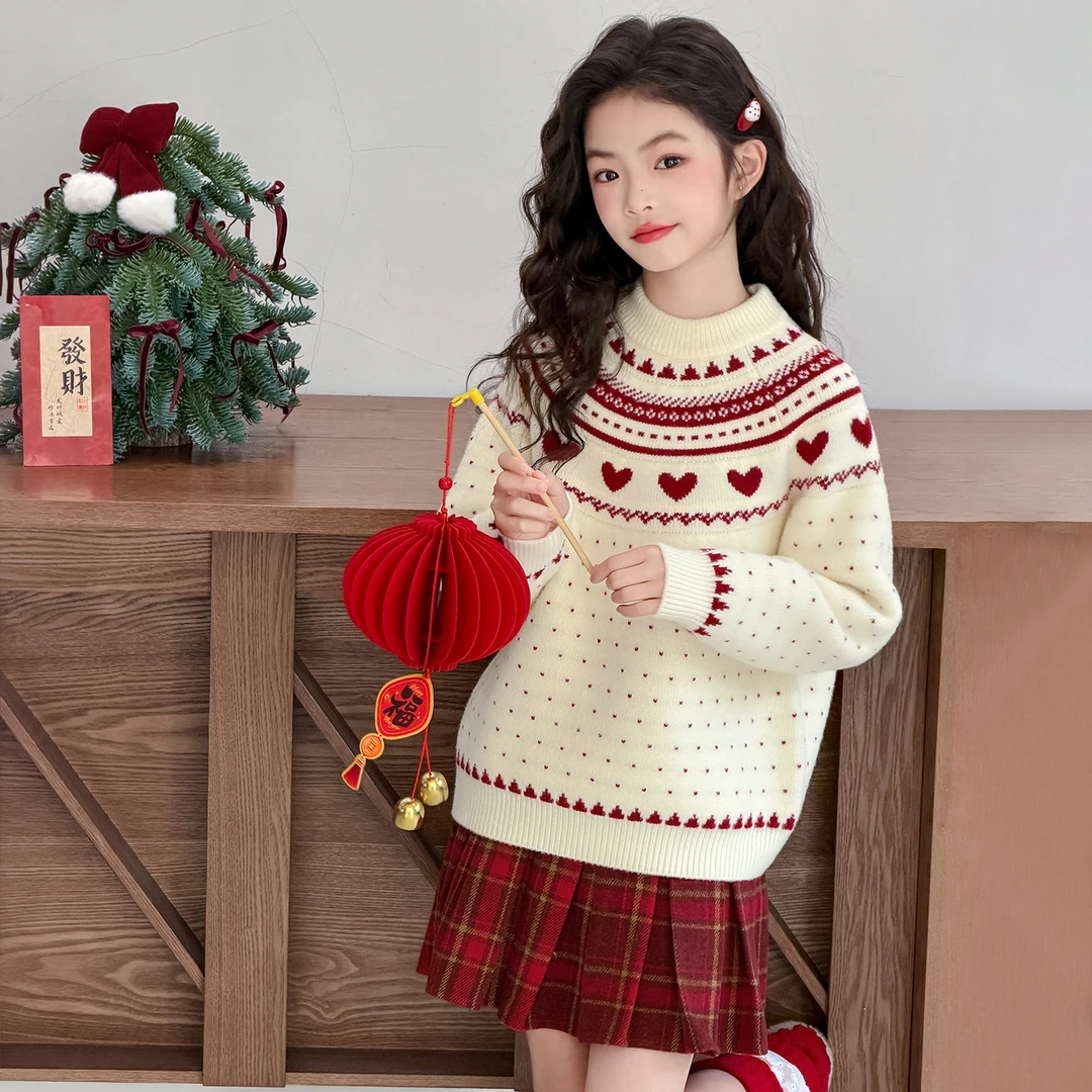 女童冬装加绒加厚保暖毛衣针织衫2025新款儿童格子百褶短裙套装潮