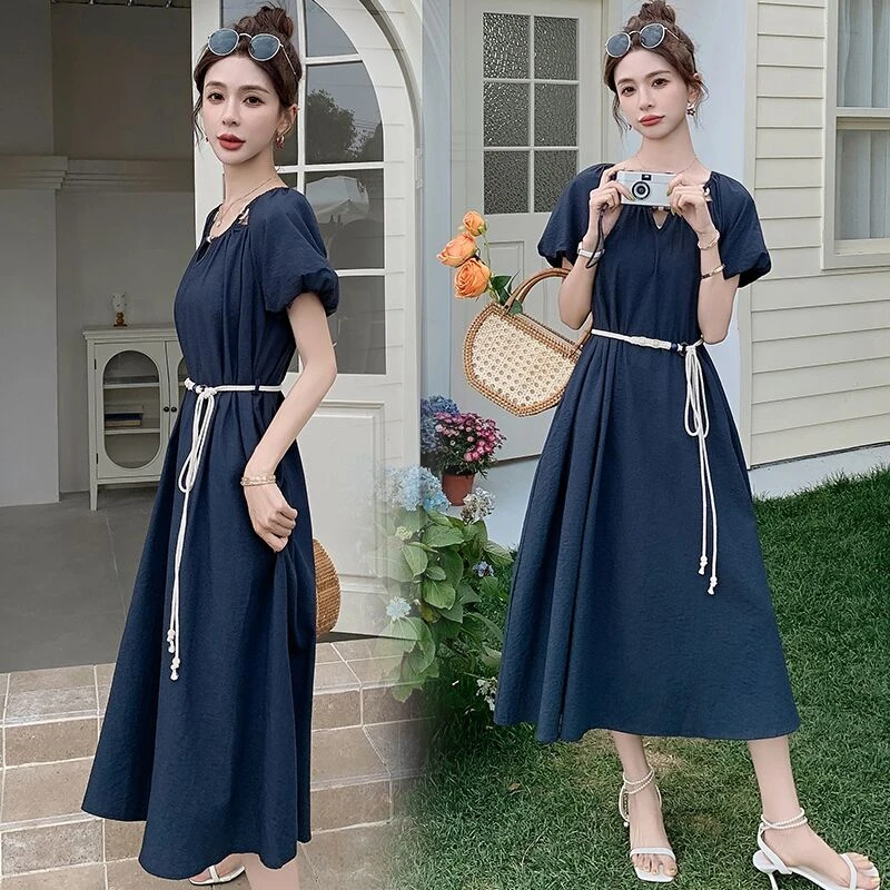 2025夏季新款泡泡袖连衣裙宽松显瘦气质收腰减龄时尚长裙女装