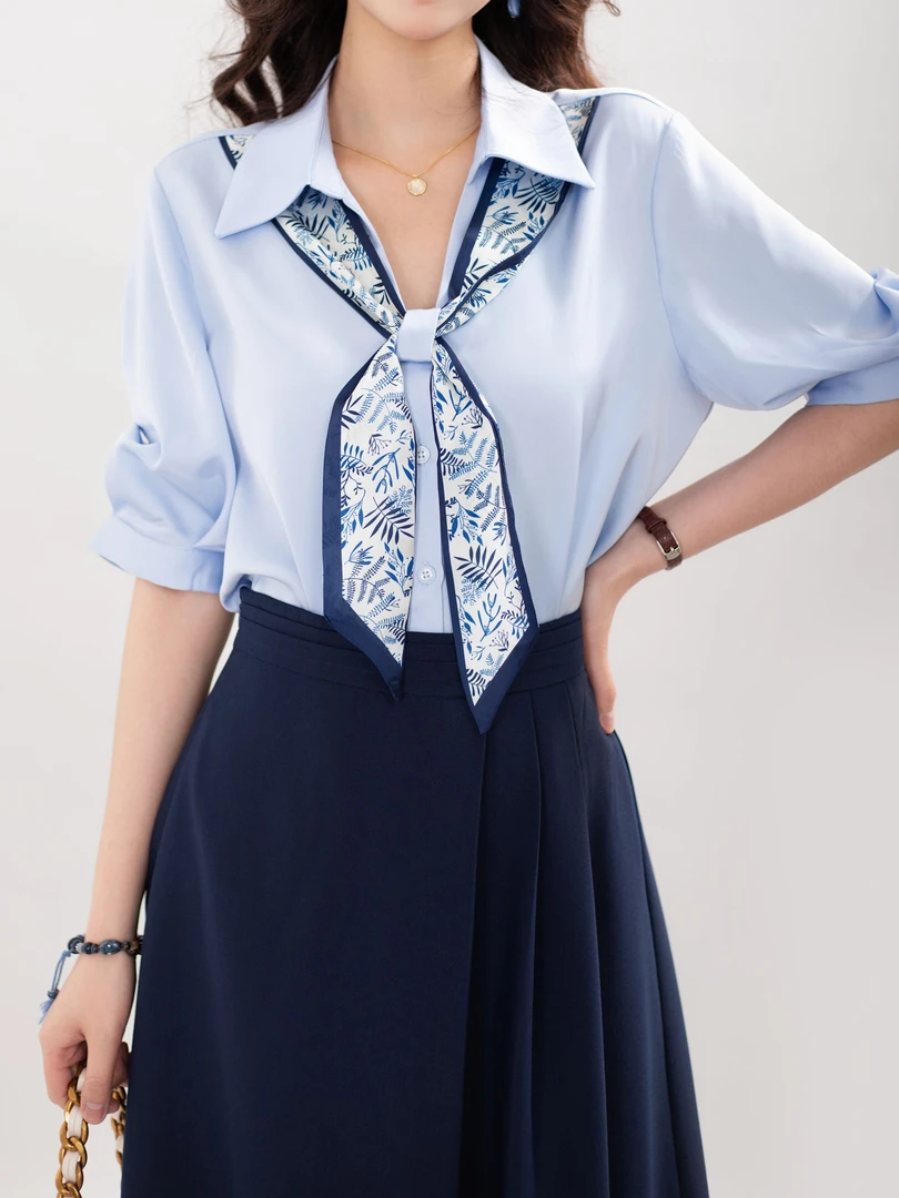 莹莹【朔风】25新款夏季气质百搭复古领巾衬衫#4735