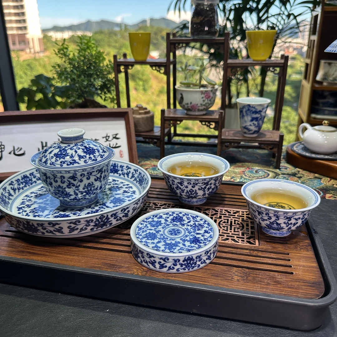 景德镇中式功夫青花缠枝莲高端五件套简装釉下高温陶瓷