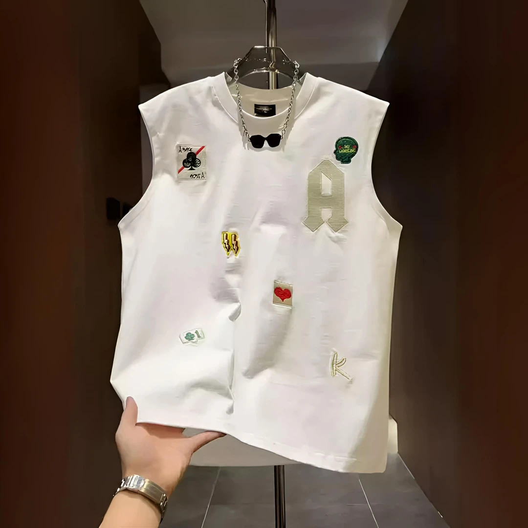 夏季新款男士卡通多标刺绣坎肩背心美式痞帅纯棉休闲运动无袖T恤