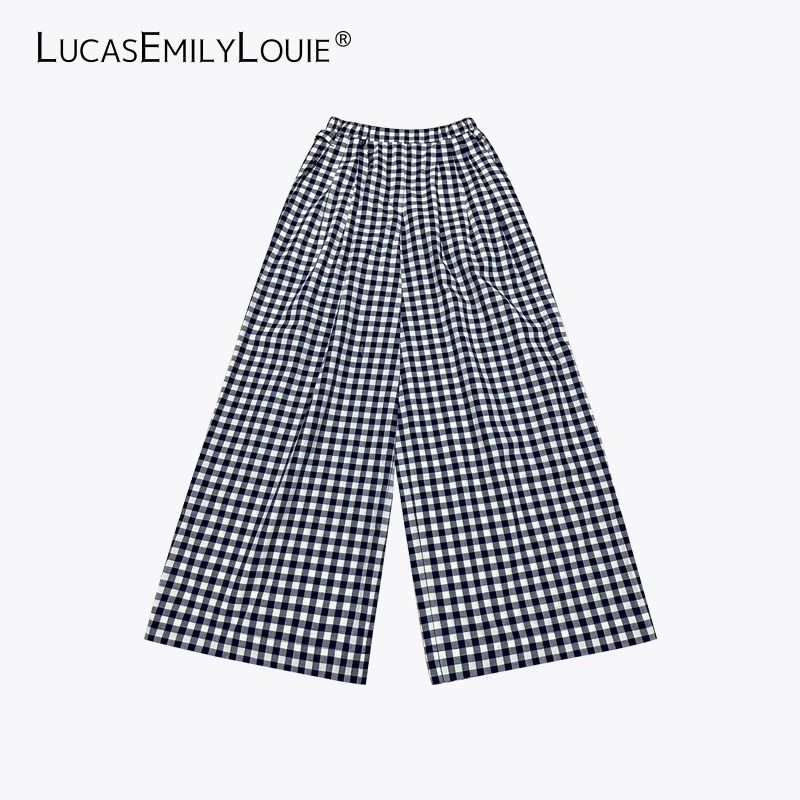 LUCASEMILYLOUIE 复古文艺感舒适棉质百搭休闲阔腿格子裤2410123