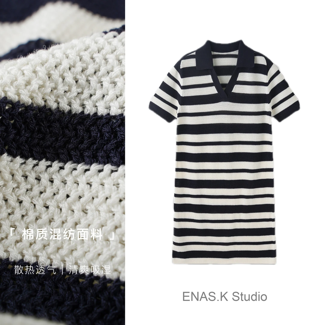 黑白条纹镂空混纺针织迷你连衣裙翻领短袖宽松裙夏Polo裙