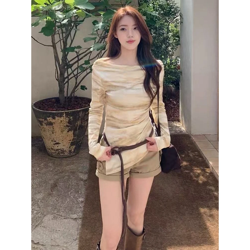 辣妹扎染网纱长袖T恤女夏季薄款修身设计感小众防晒罩衫露肩上衣