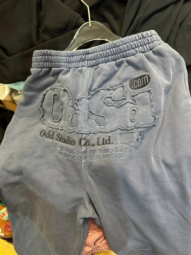 外贸原单水洗贴布刺绣可调节裤脚毛圈抽绳松紧腰卫裤