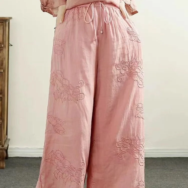 9009重工高品刺绣阔腿裤