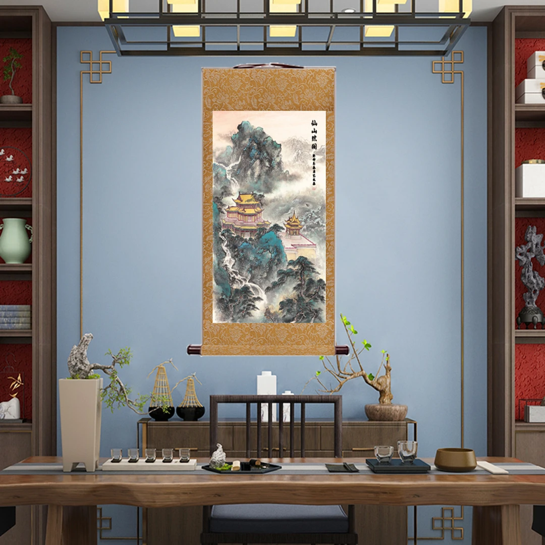A《仙山琼阁》竖幅书房茶室玄关中式挂画文化创意画