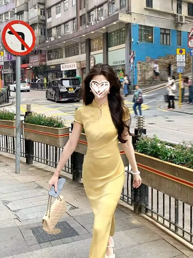 清光新中式缎面连衣裙女夏小个子蝴蝶改良旗袍