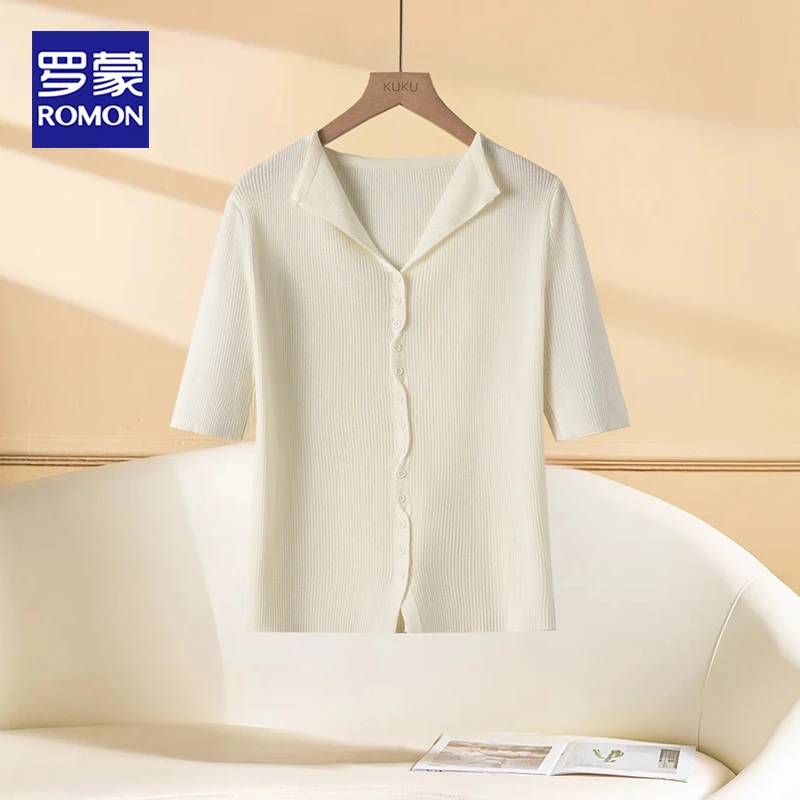 罗蒙女装中袖针织衫女2025春夏季柔软肌理开衫时尚百搭纯色上衣