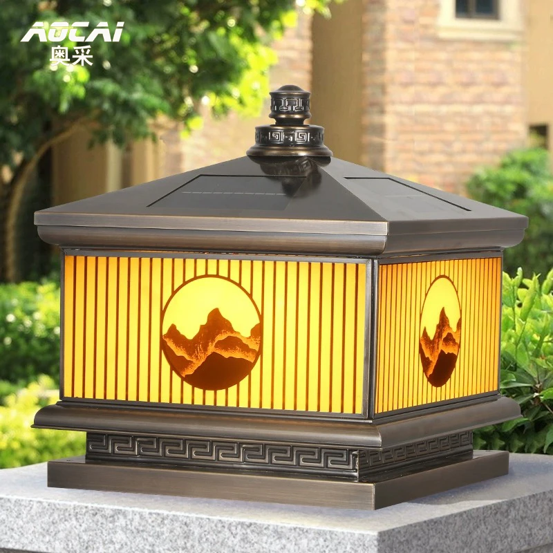 全铜太阳能柱头灯户外庭院围墙灯中式别墅墙头立柱防水大门柱子灯