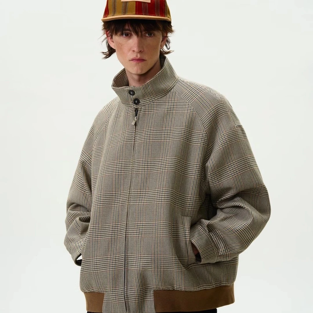 LIGGICC 老钱风高智感千鸟格哈灵顿夹克复古宽松休闲立领外套秋
