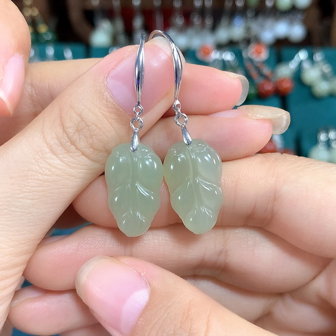 和田玉银S925镶嵌耳饰19.5*12左右