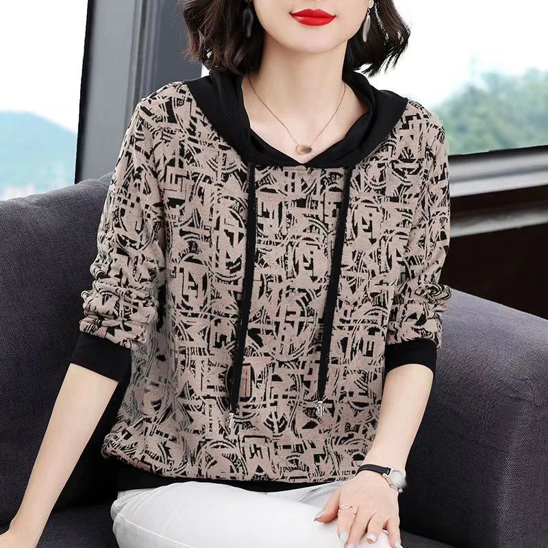 春秋款长袖女上衣连帽抽绳打底衫洋气休闲时尚拼接宽松显瘦177