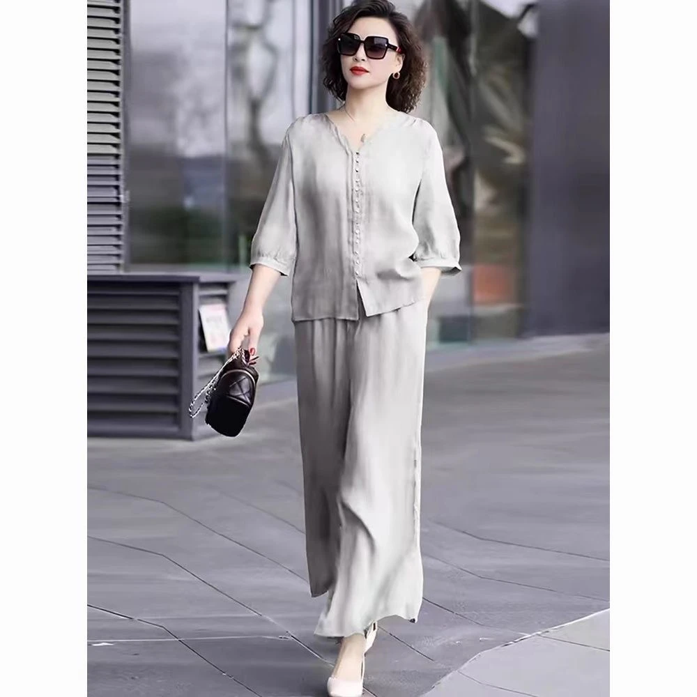 哥弟阿玛施正品棉麻套装中年妈妈夏季新款休闲时尚棉麻上衣阔腿裤