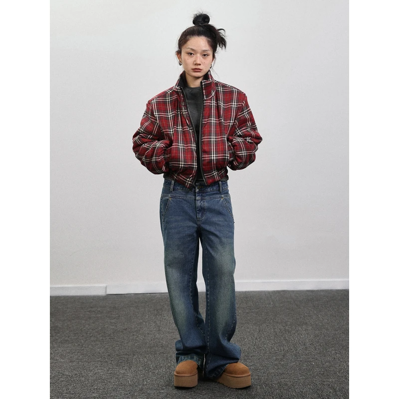 Achihara棉衣2024年新款冬季短款两穿格子双面黑色红格棉服外套女