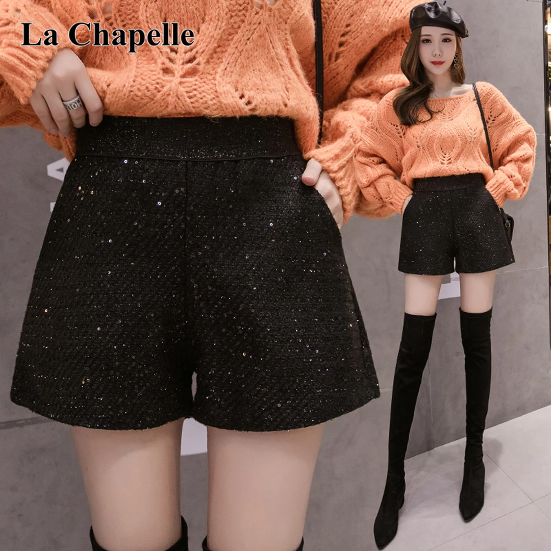 拉夏贝尔2025秋冬百搭松紧腰亮闪闪毛呢阔腿靴裤外穿时尚短裤女款