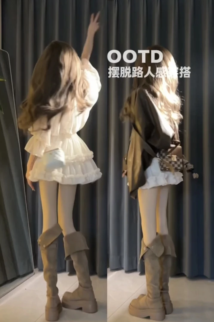 高级感帅气立领oversize皮衣外套女纯欲荷叶边衬衫蓬蓬短裙三件套