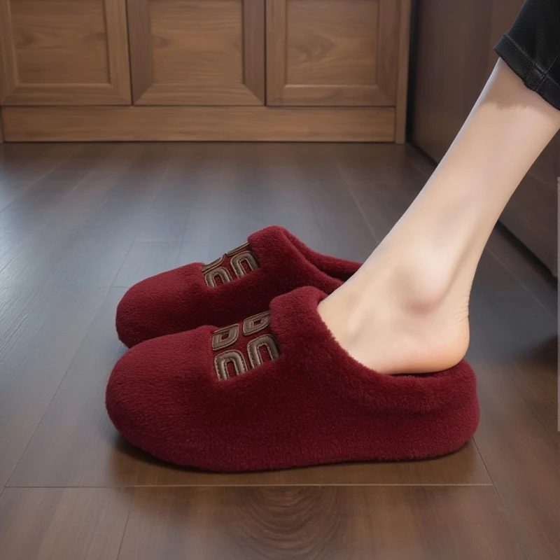 【羊羔绒】酒红色厚底毛毛鞋女2025秋冬新款半拖红色大码外穿包头拖