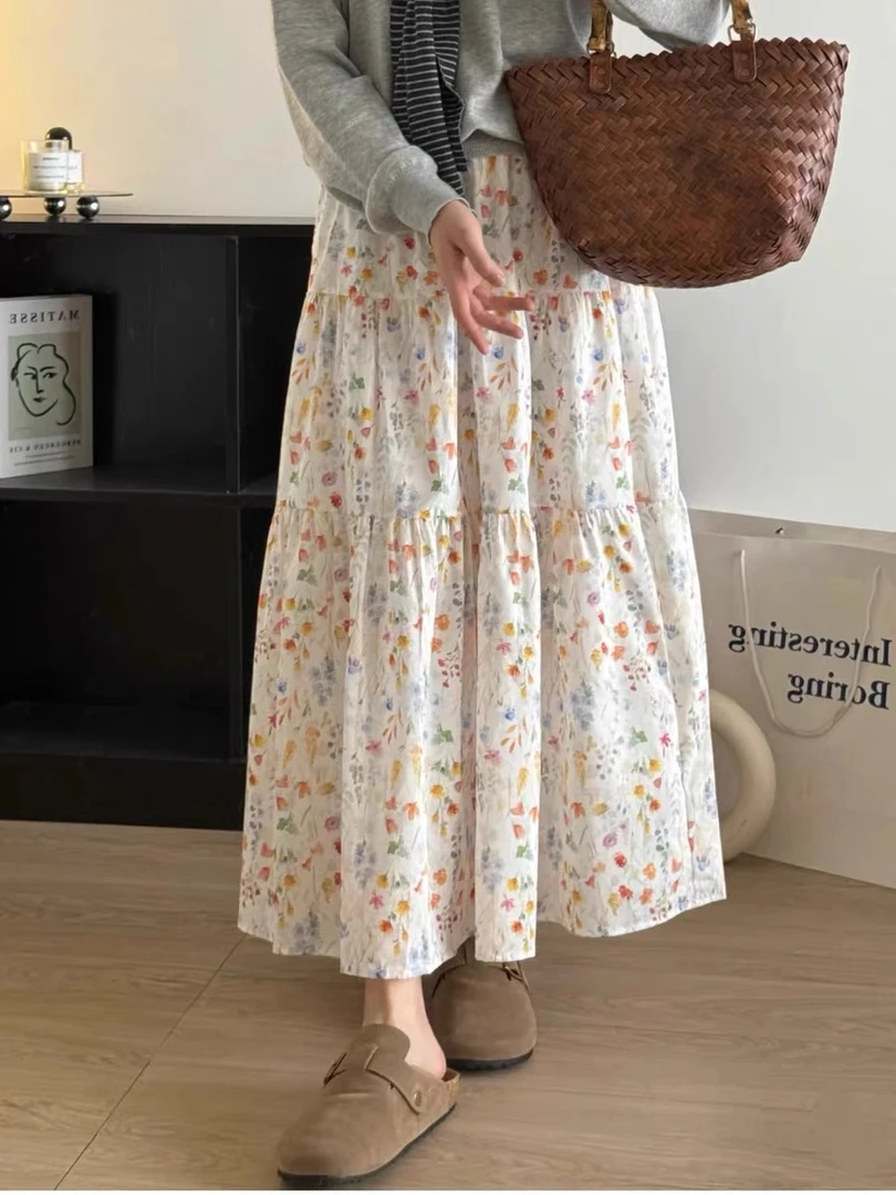 韩系温柔浪漫小碎花半身裙2025春夏宽松显瘦百搭中长款a字伞裙