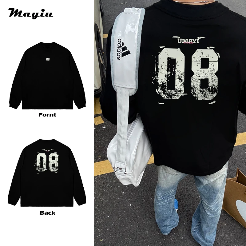 数字08小众美式vintage潮牌秋季嘻哈复古印花圆领T恤男女长袖上衣