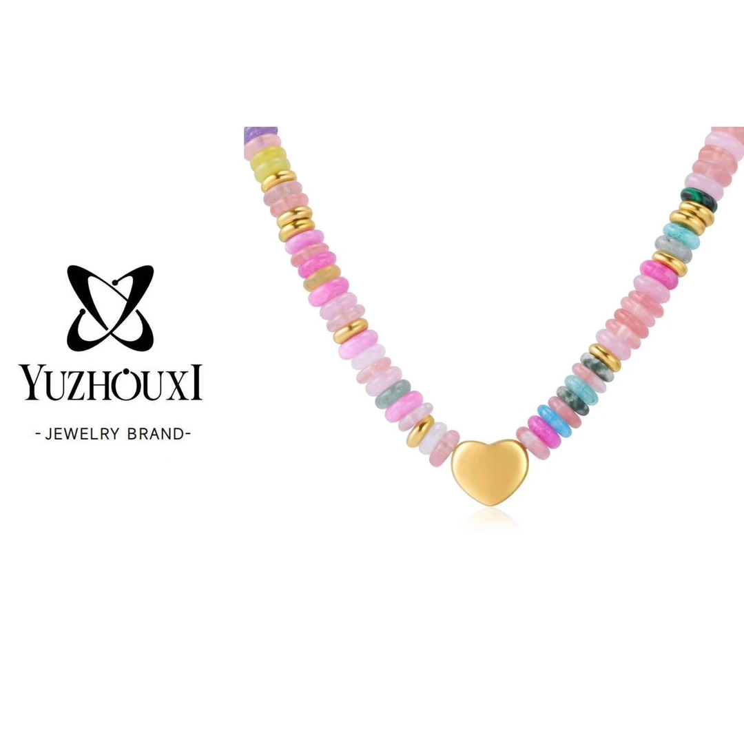 钛钢大理石项链 J2-030【钛钢爱心串珠彩色石头拼色撞色项链】