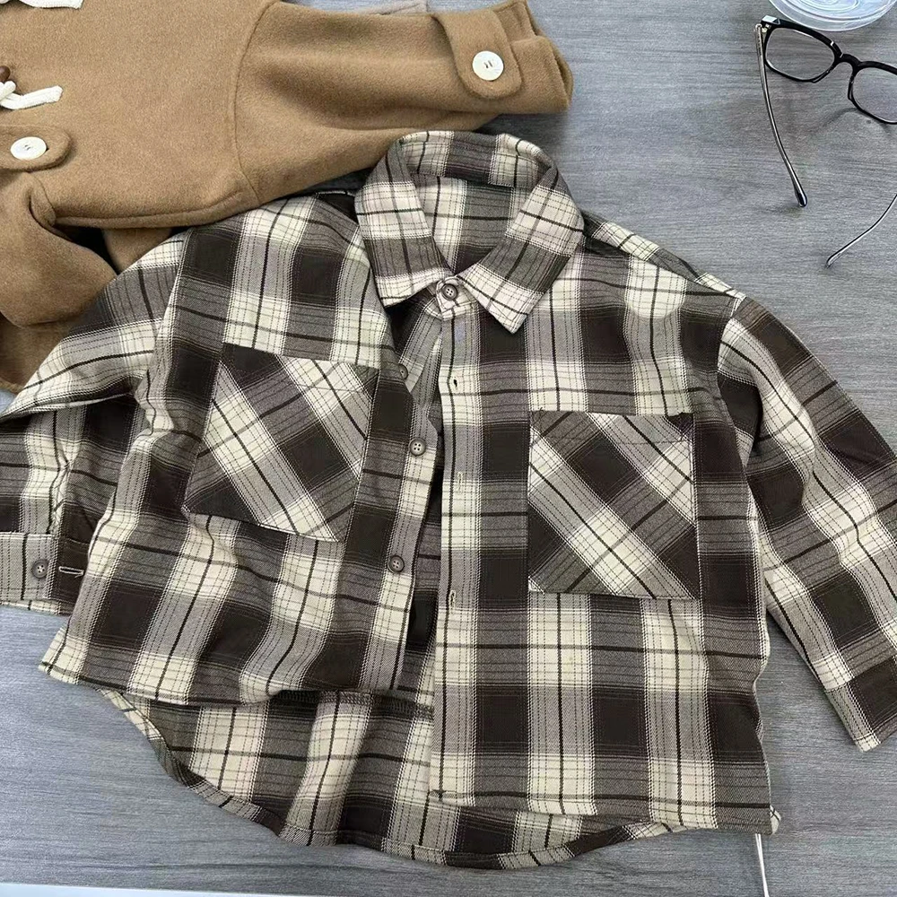 【小首尔】原版清版-现货-秋季男童韩版格子翻领衬衫外套HBB2233