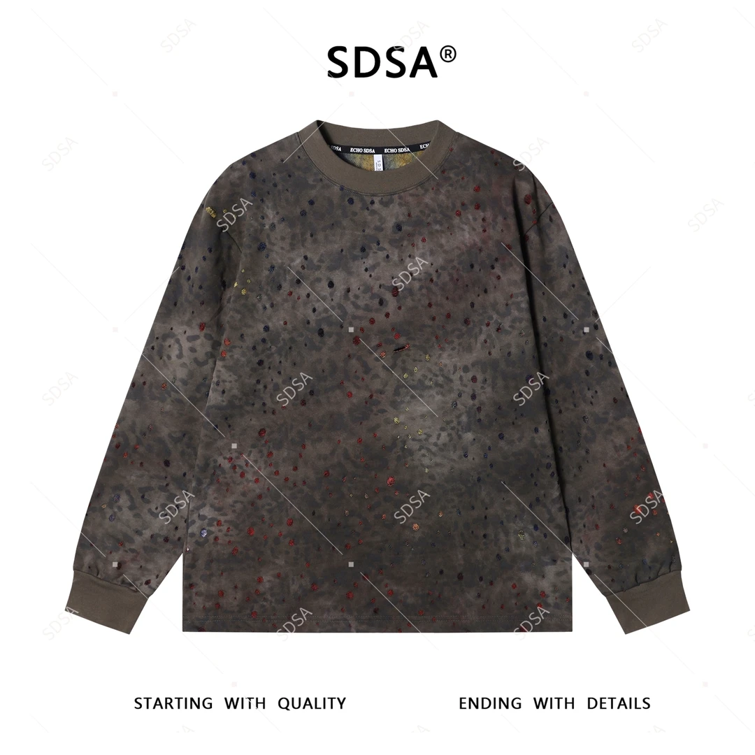 SDSA男士2025新款轻奢痞帅男装迷彩豹纹磨破圆领长袖T恤百搭时尚