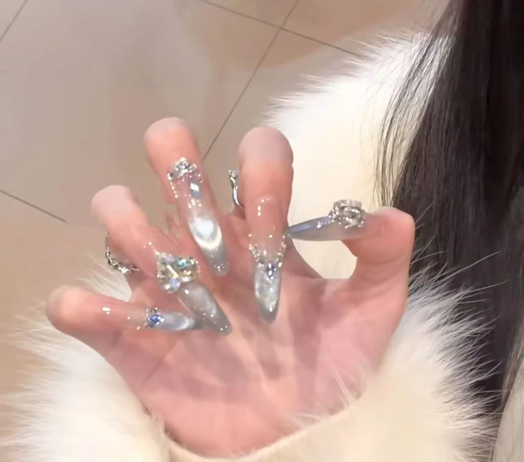 【探花郎】纯手工精品浅蓝法式猫眼璀璨气质轻奢高级氛围穿戴甲