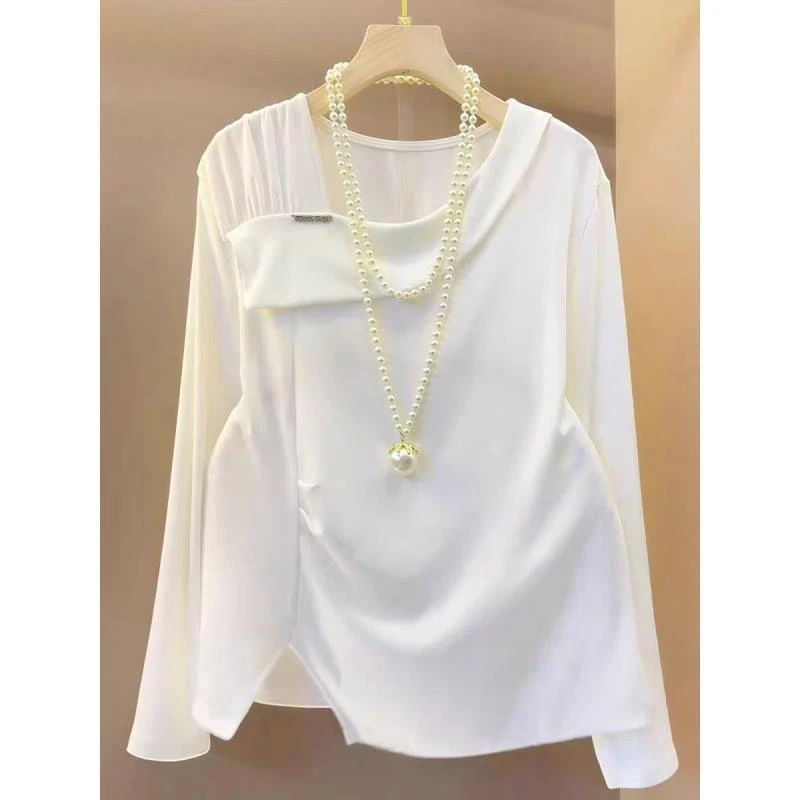 设计感别致收腰褶皱长袖T恤2025秋冬新款小众百搭气质打底衫上衣