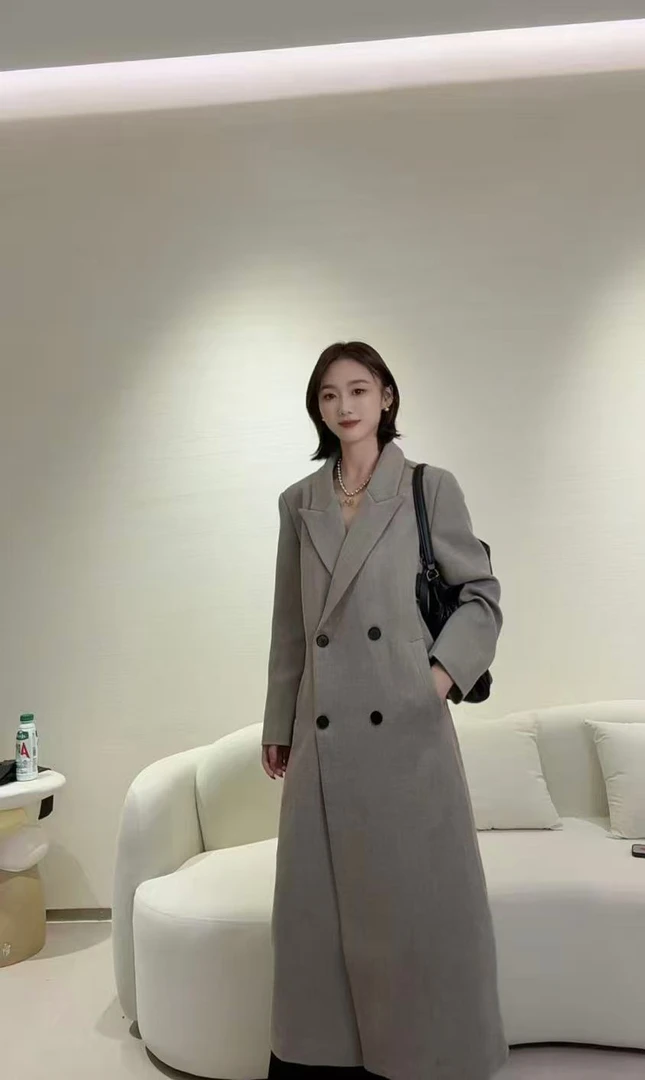 2508#秋季西装领轻奢网红风衣收腰女装长袖常规款长款百搭