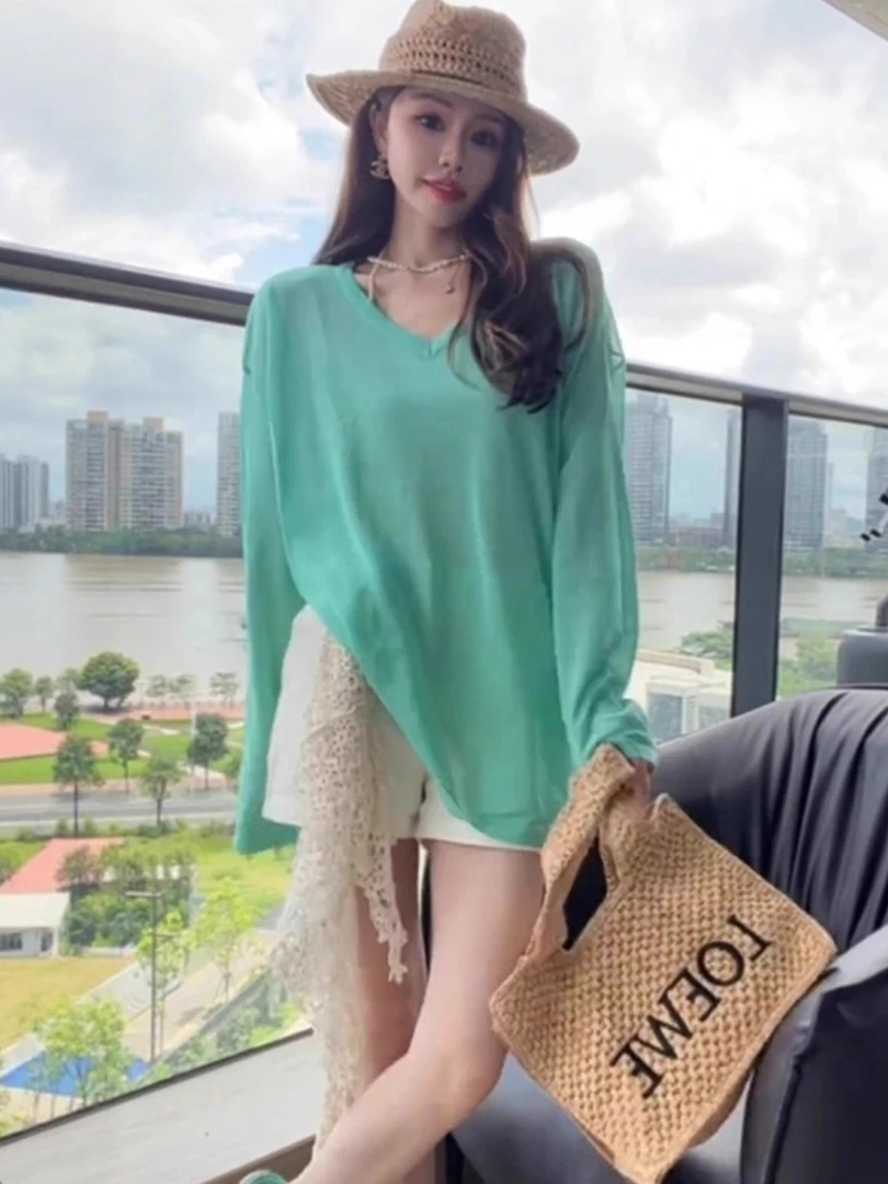 早秋季防晒罩衫薄荷绿色长袖t恤女2025新款超火减龄夏巨好看上衣