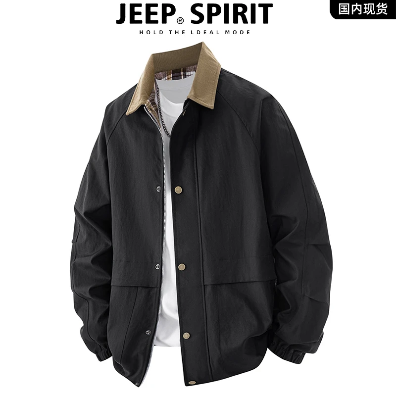 JEEPSPIRIT美式翻领夹克男士秋冬季新款休闲宽松帅气大码加绒外套