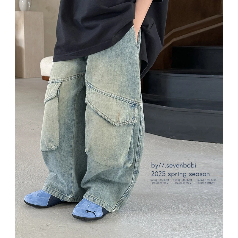 【现货】男童牛仔裤春秋款2025新款儿童宽松直筒春季痞帅百搭裤子