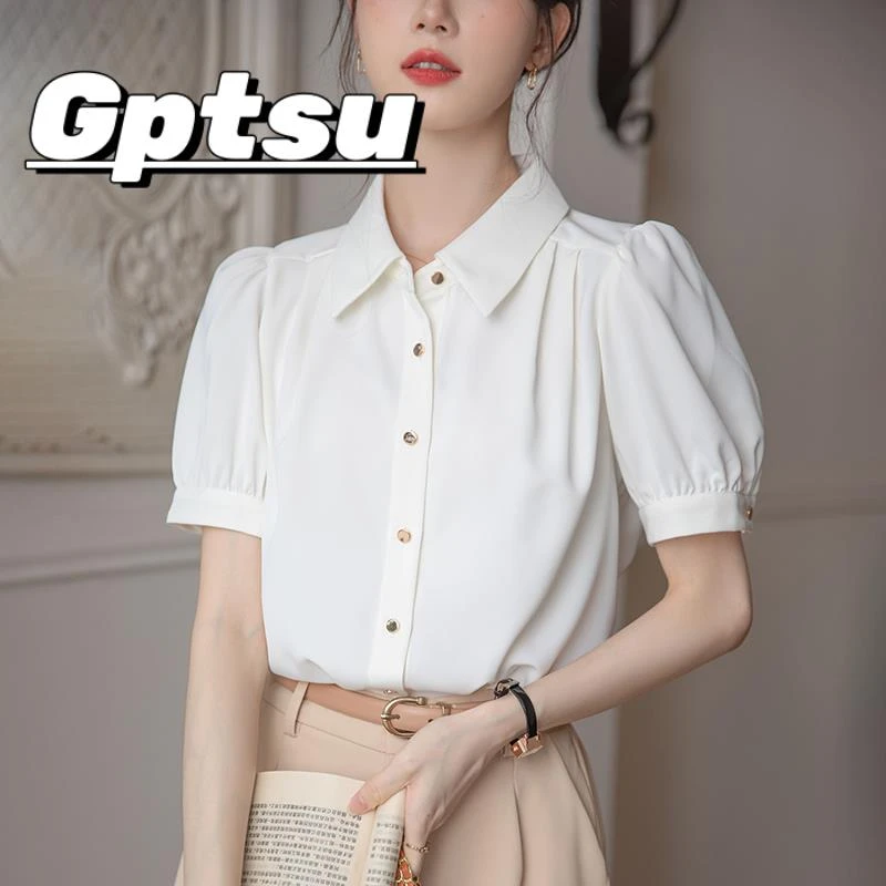 GPTSu缎面白色短袖衬衫女夏薄款工作装垂感衬衣正装通勤面试上衣