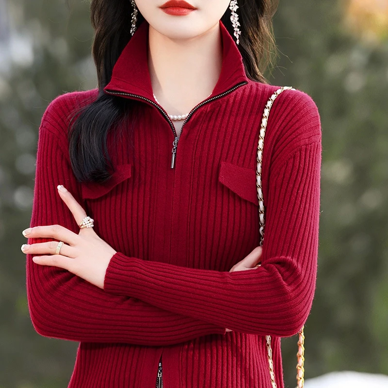 春季新款100%纯羊毛衫女士拉链翻领抽条修身百搭纯色时尚打底衫