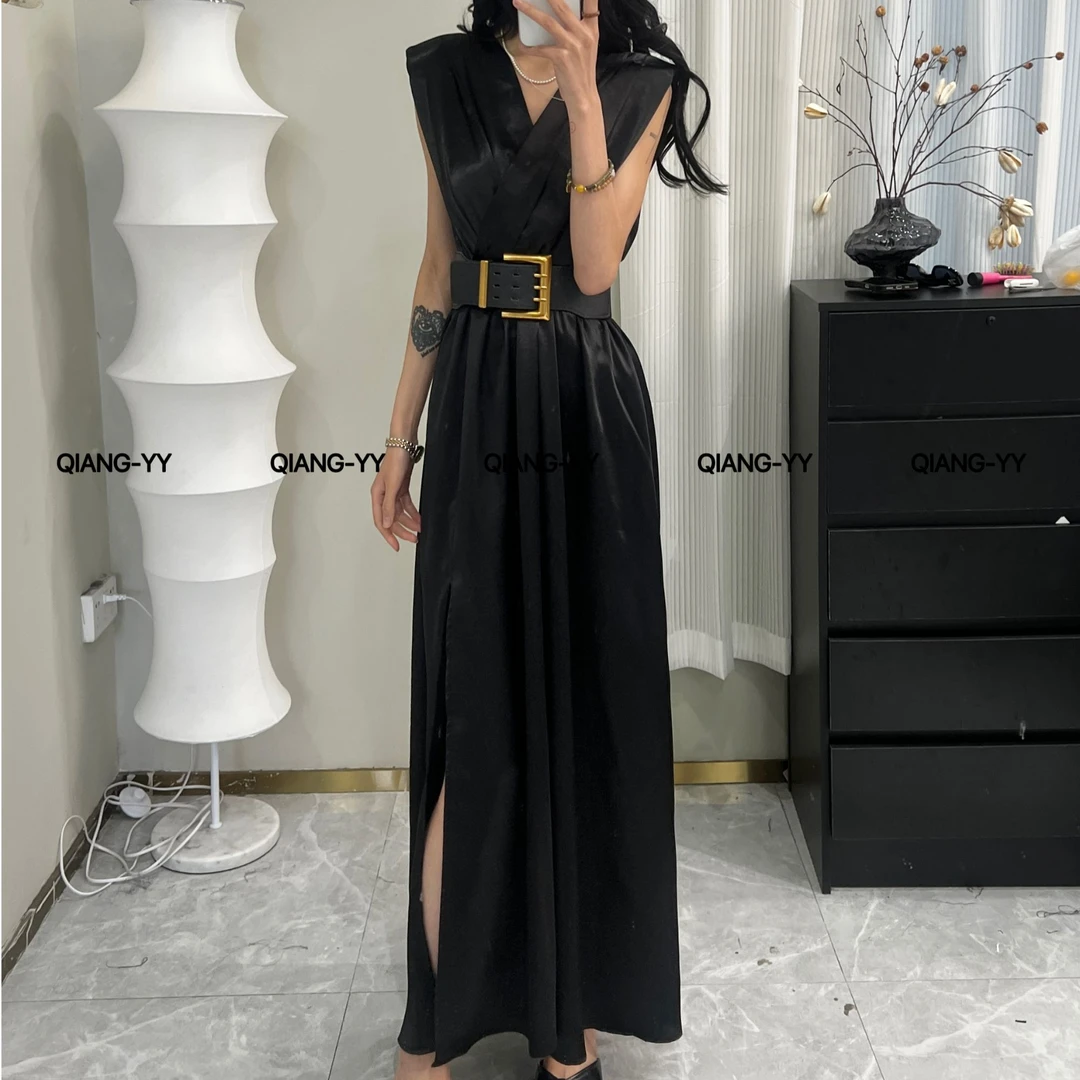 法式V领纯色夏季夏天A字裙连衣裙赫本风无袖黑色复古长裙收腰557
