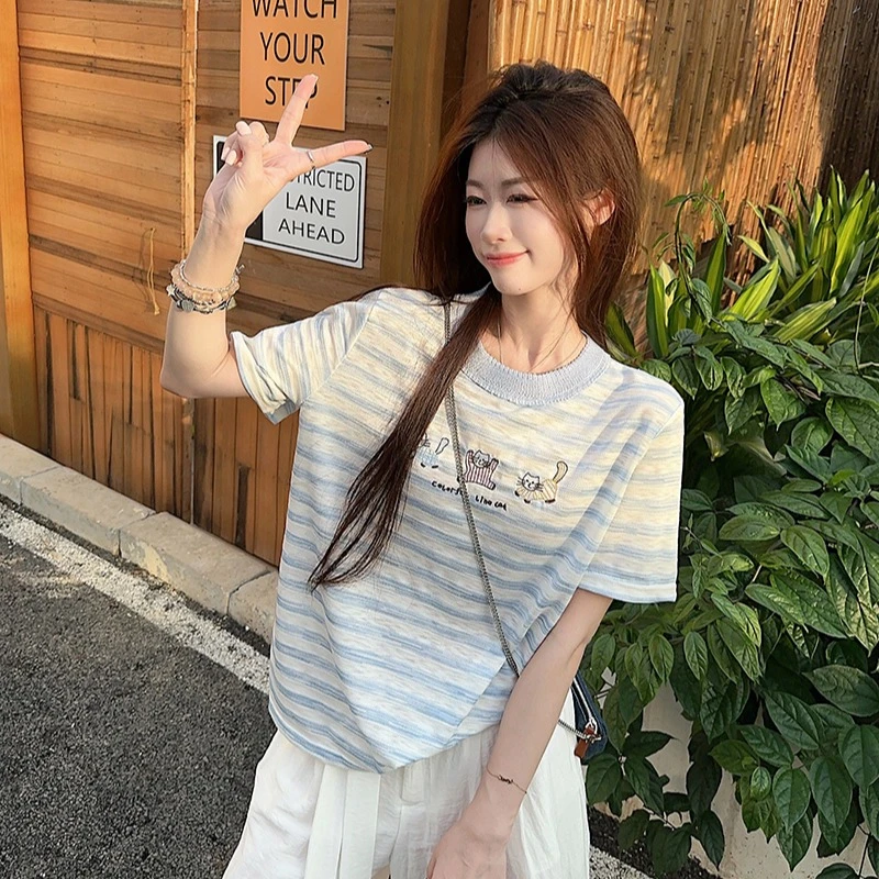 韩系可爱小猫条纹刺绣短袖T恤女夏季新款纯棉百搭宽松情侣上衣潮