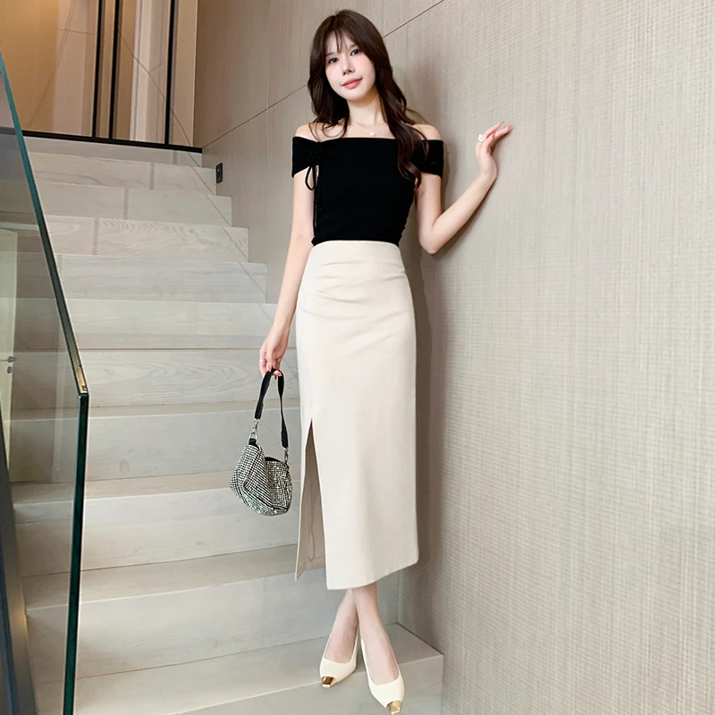 开叉褶皱半身裙女夏季中长包臀裙新款高腰拉链小黑裙